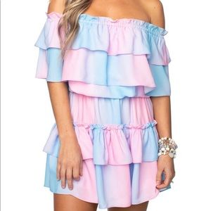 Buddy Love Pink and Blue Off-Shoulder Mini Dress